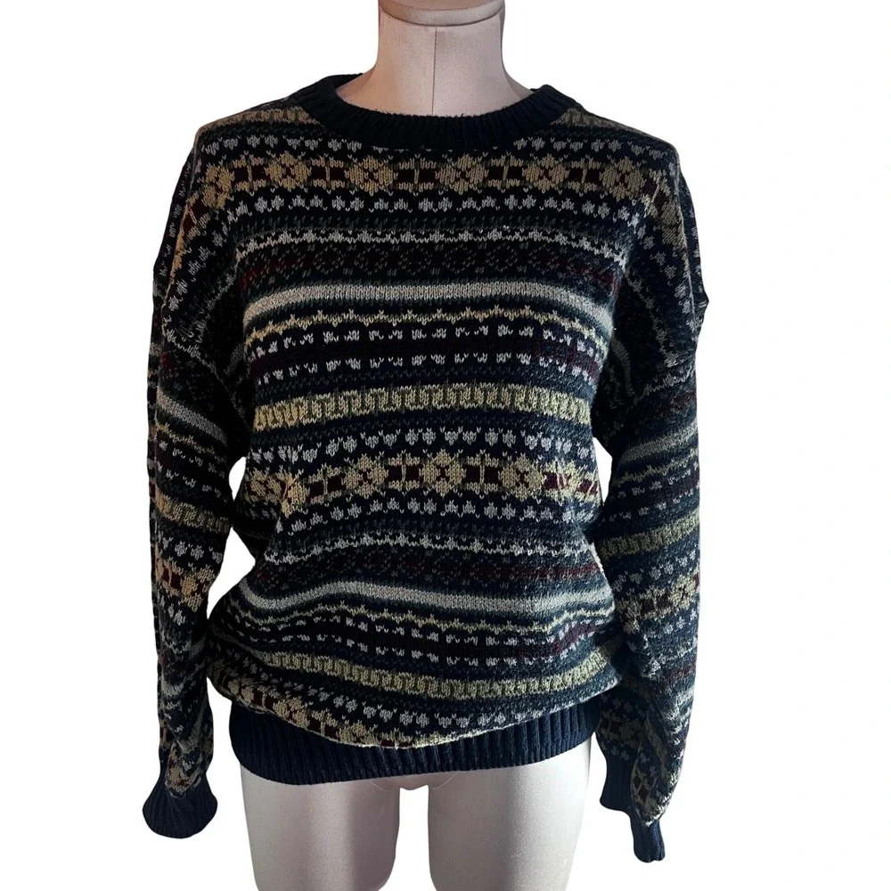Vintage 90s Adult Large Fair Isle Cotton‎ Sweater Made in USA Navy Green Preppy